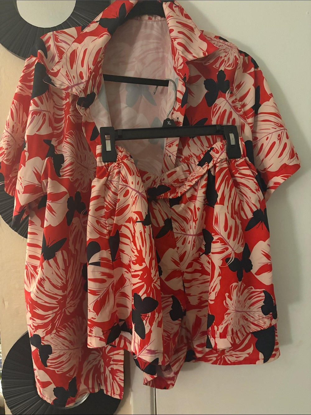 SHEIN Red and Cream Tropical Button-Down Top and Shorts Set